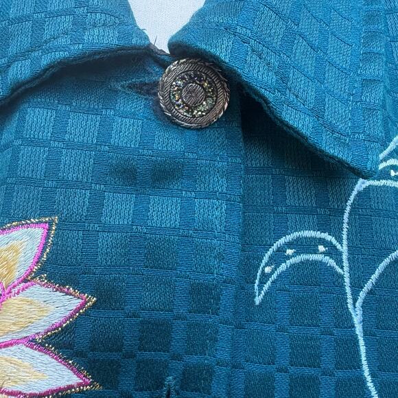 Alex Kim Shirt Jacket Sz PL Blue Floral Embroidered Button Up Boho Western Artsy - Picture 5 of 10